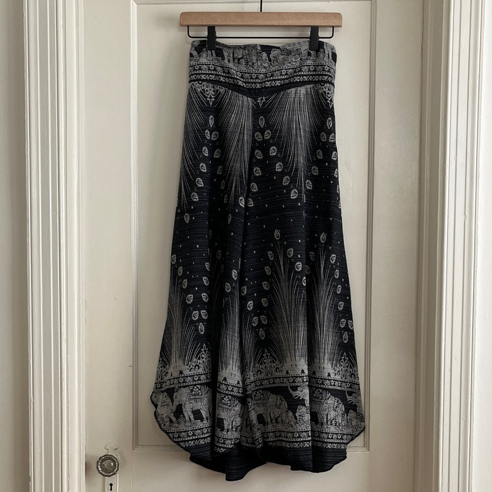 Gray Elephant & Peacock Design Wide Leg Palazzo Pants / Boho Split Skirt Size XS